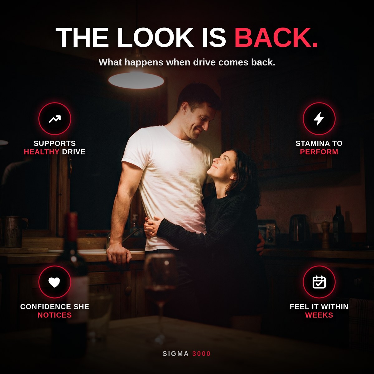 The look is back. Couple at night with four callouts: supports healthy drive, stamina to go the distance, confidence she notices, feel it within the first weeks