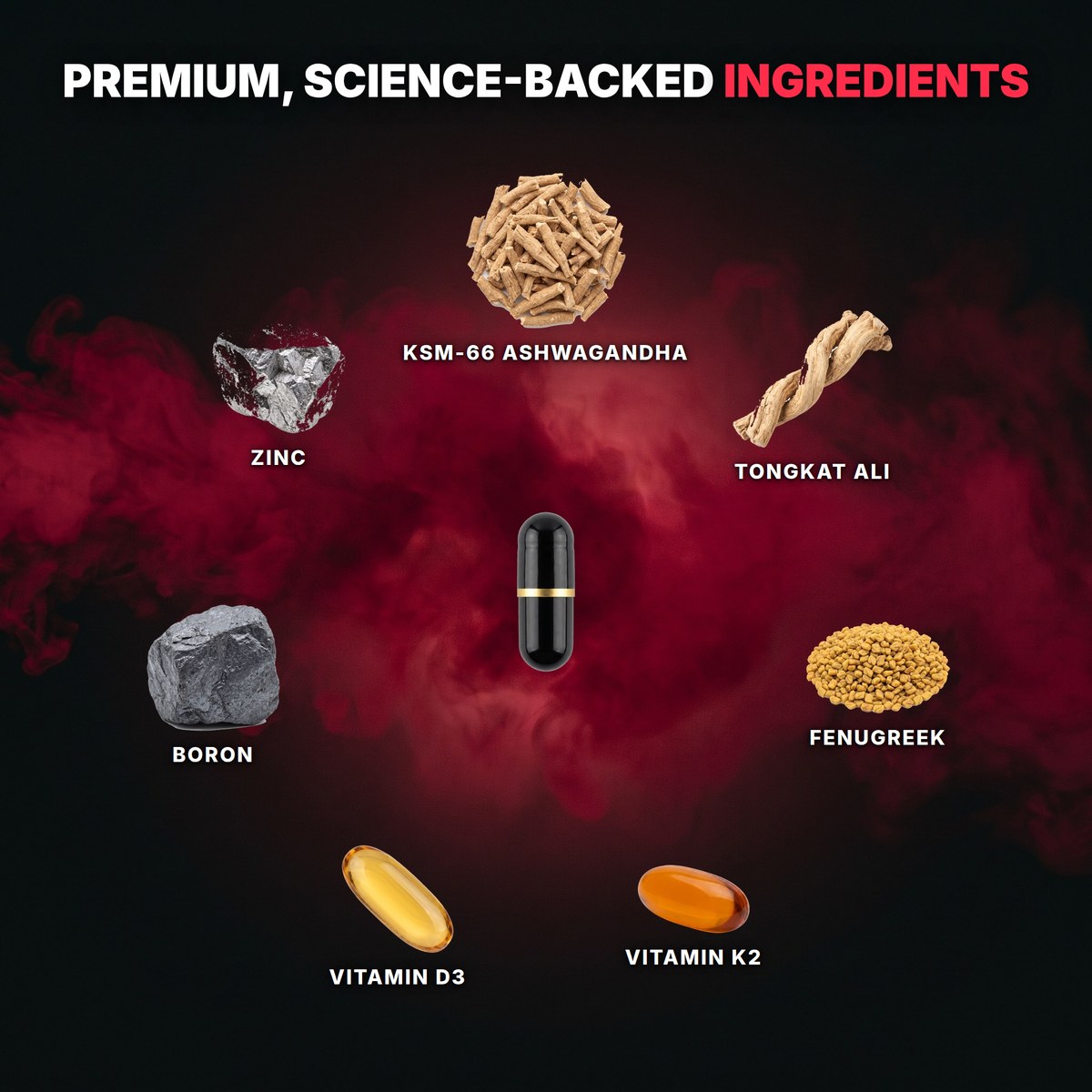 Premium, science-backed ingredients: Tongkat Ali, KSM-66 Ashwagandha, Fenugreek, Zinc, Boron, Vitamin D3, Vitamin K2