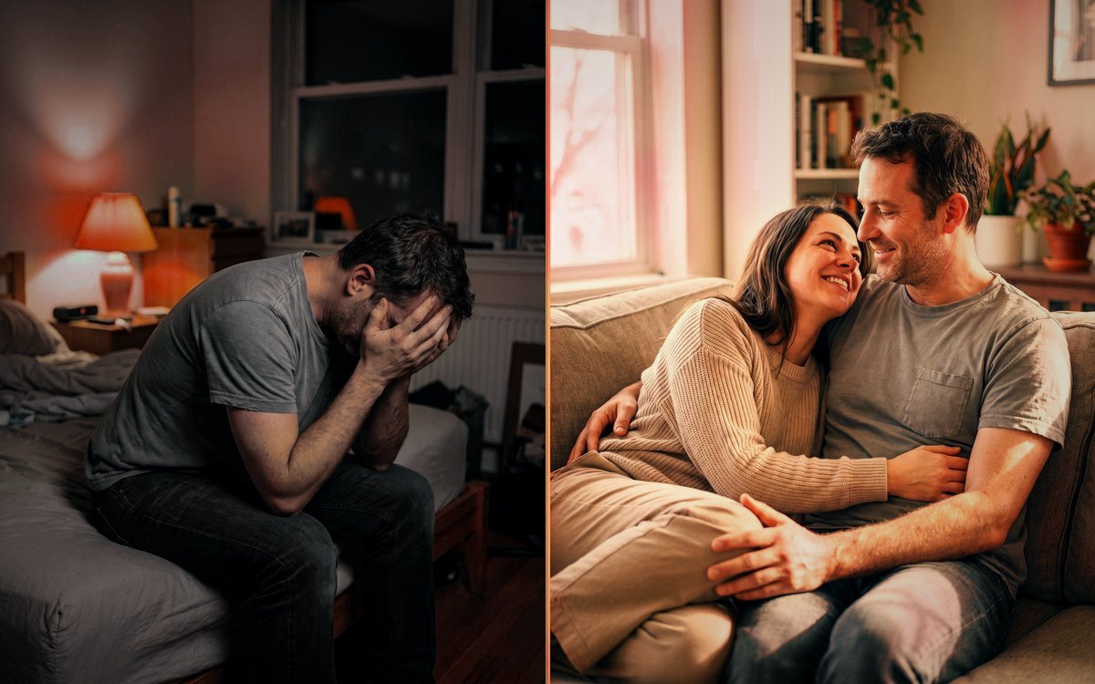 Before and after: a man alone and low, then the same man close with his partner, both smiling